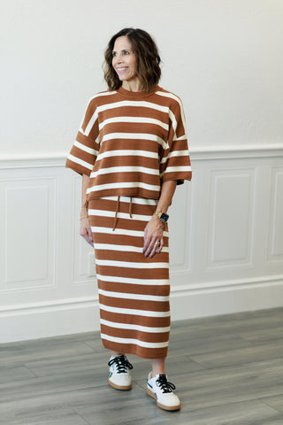Weekend In Cannes Cotton Stripe Sweater Knit Midi Skirt