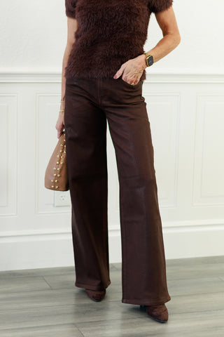 Chicory Coffee High Rise Coated Wide Leg Jeans