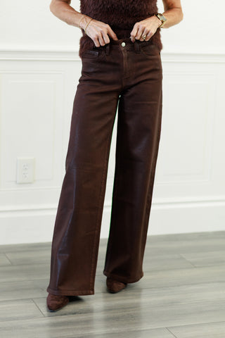 Chicory Coffee High Rise Coated Wide Leg Jeans