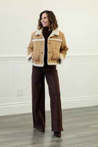 Shearling Collar Button Down Suede Jacket