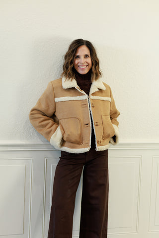 Shearling Collar Button Down Suede Jacket