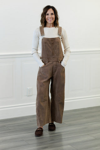 Mineral Wash Barrel Overalls in Mocha Mousse
