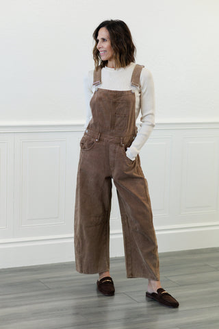 Mineral Wash Barrel Overalls in Mocha Mousse