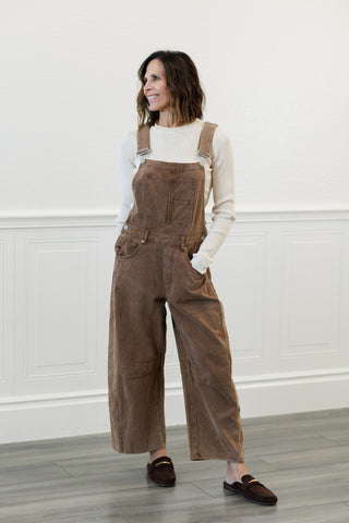 Mineral Wash Barrel Overalls in Mocha Mousse