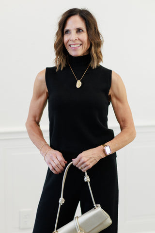 Milio Milano Italian Knit Sleeveless Mock Neck Top in Black