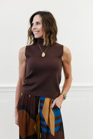Milio Milano Italian Knit Sleeveless Mock Neck Top in Chocolate
