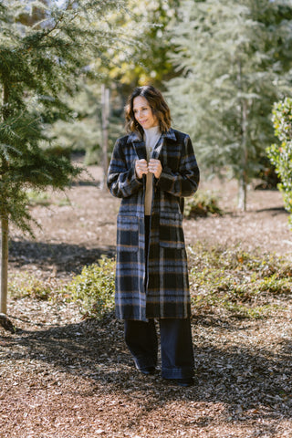 Brushed Plaid Long Coat in Midnight Blue