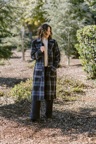 Brushed Plaid Long Coat in Midnight Blue