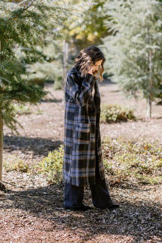 Brushed Plaid Long Coat in Midnight Blue