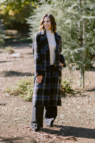 Brushed Plaid Long Coat in Midnight Blue