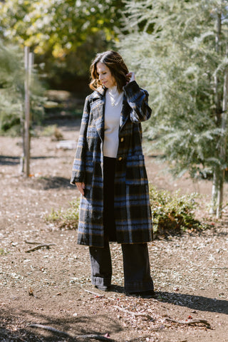 Brushed Plaid Long Coat in Midnight Blue