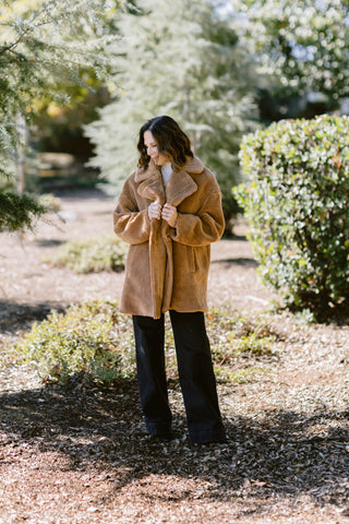 Double-Breasted Teddy Faux Fur Coat in Camel