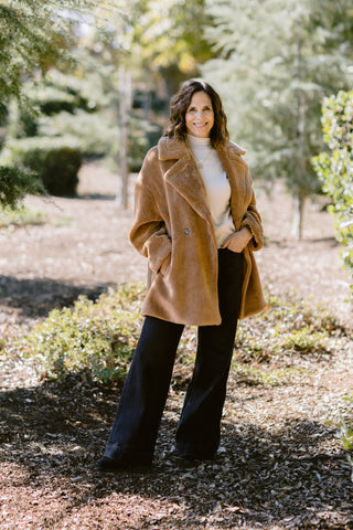 Double-Breasted Teddy Faux Fur Coat in Camel