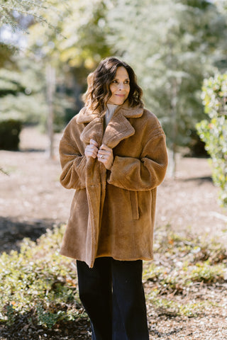 Double-Breasted Teddy Faux Fur Coat in Camel