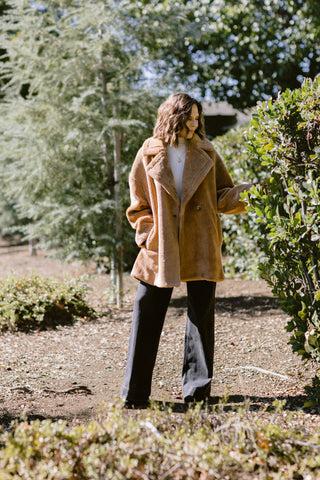 Double-Breasted Teddy Faux Fur Coat in Camel