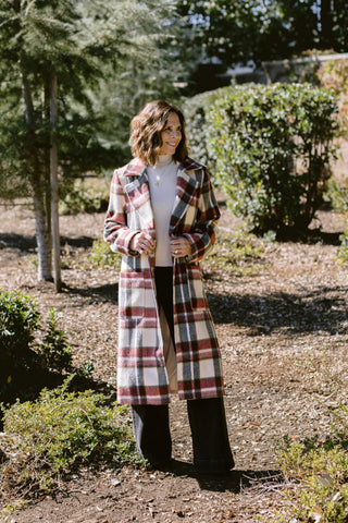 Brushed Plaid Long Coat in Wine/Ivory