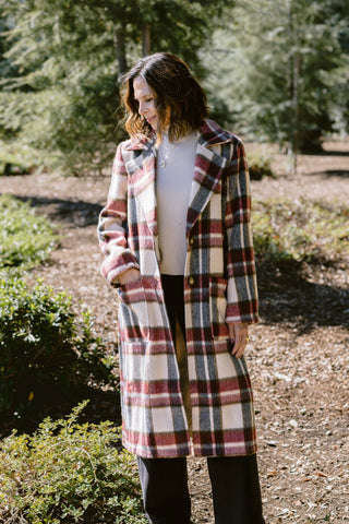 Brushed Plaid Long Coat in Wine/Ivory