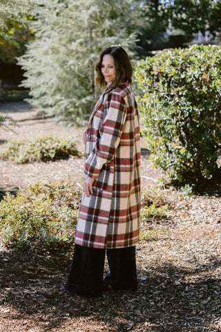 Brushed Plaid Long Coat in Wine/Ivory