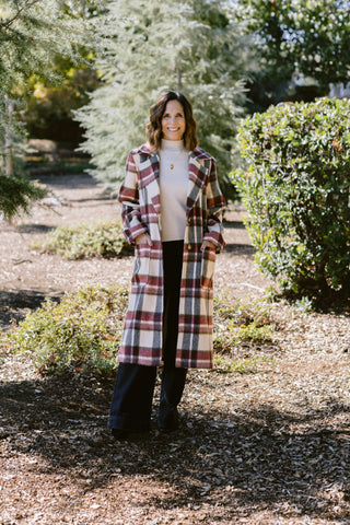 Brushed Plaid Long Coat in Wine/Ivory