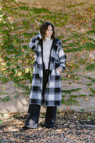 Twofer Hoodie Plaid Jacket in Ivory/Black