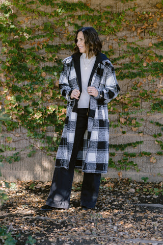 Twofer Hoodie Plaid Jacket in Ivory/Black