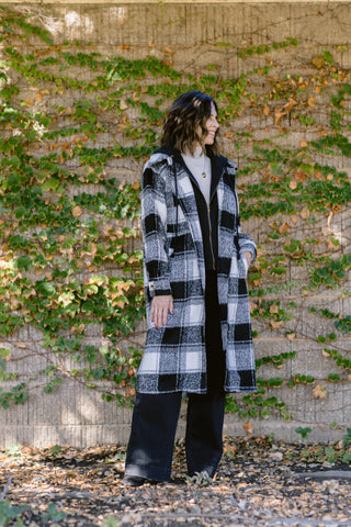 Twofer Hoodie Plaid Jacket in Ivory/Black