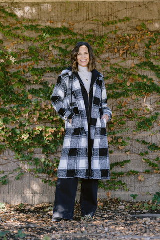 Twofer Hoodie Plaid Jacket in Ivory/Black