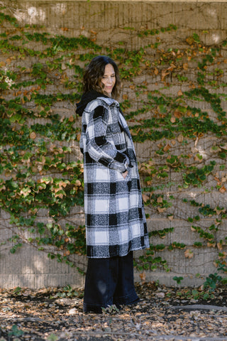 Twofer Hoodie Plaid Jacket in Ivory/Black