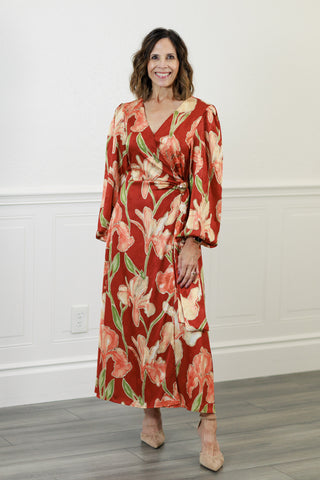 Rust Floral Faux Wrap Midi Dress