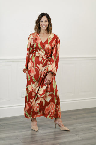 Rust Floral Faux Wrap Midi Dress