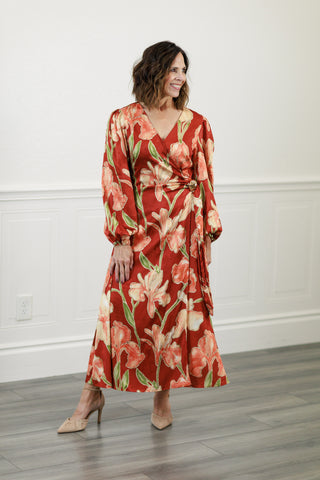 Rust Floral Faux Wrap Midi Dress