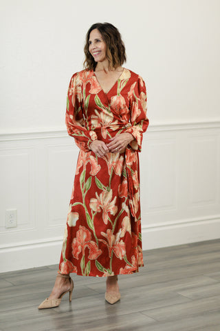 Rust Floral Faux Wrap Midi Dress