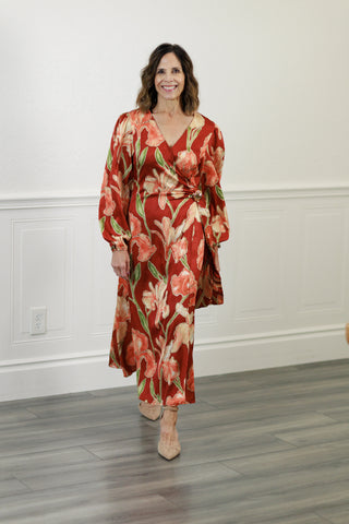 Rust Floral Faux Wrap Midi Dress