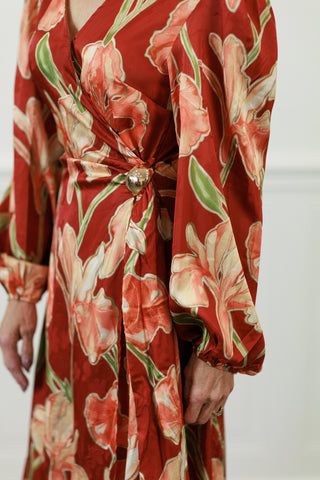 Rust Floral Faux Wrap Midi Dress