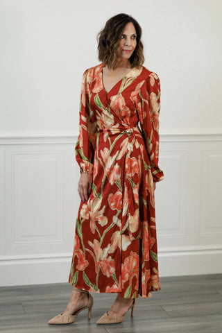 Rust Floral Faux Wrap Midi Dress
