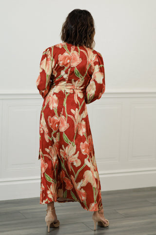 Rust Floral Faux Wrap Midi Dress