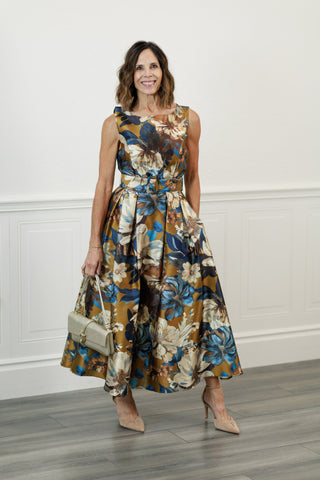 Dijon Fall Floral Belted Midi Dress