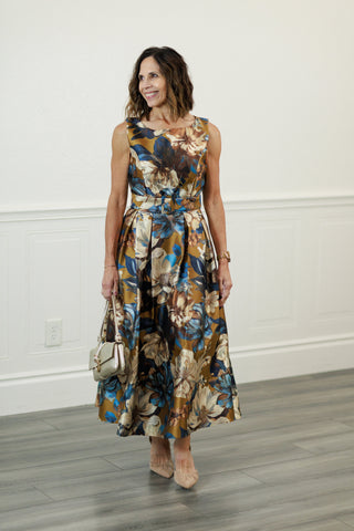 Dijon Fall Floral Belted Midi Dress