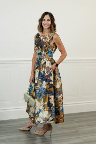 Dijon Fall Floral Belted Midi Dress