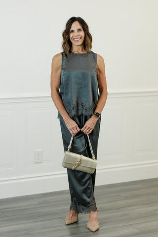 Lace Hem Sleeveless Satin Top & Pants Set