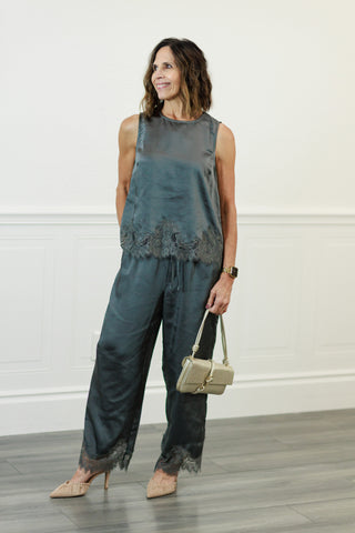 Lace Hem Sleeveless Satin Top & Pants Set