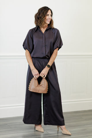 Satin High-Waist Pleated Wide-Leg Pants in Truffle
