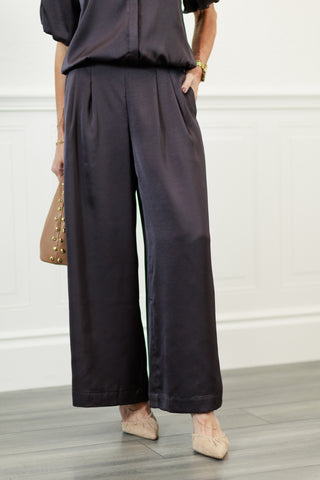 Satin High-Waist Pleated Wide-Leg Pants in Truffle