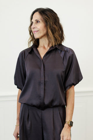 Satin Collared Button-Down Blouse in Truffle