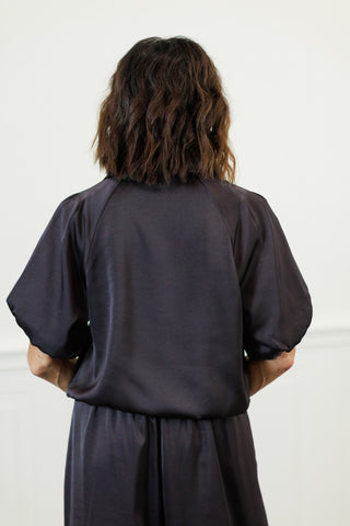 Satin Collared Button-Down Blouse in Truffle