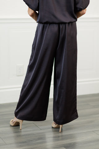 Satin High-Waist Pleated Wide-Leg Pants in Truffle