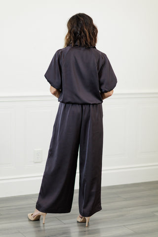 Satin High-Waist Pleated Wide-Leg Pants in Truffle