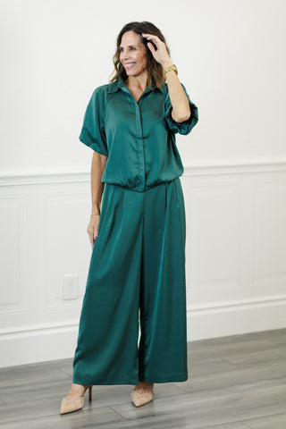 Satin Collared Button-Down Blouse in Hunter Green