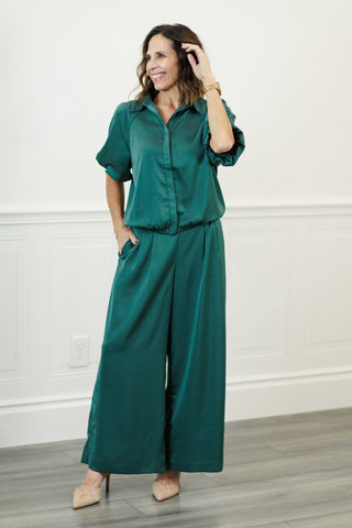 Satin Collared Button-Down Blouse in Hunter Green