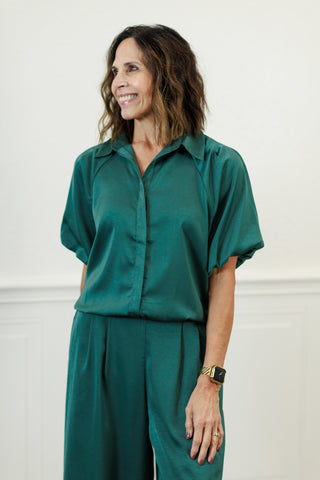 Satin Collared Button-Down Blouse in Hunter Green